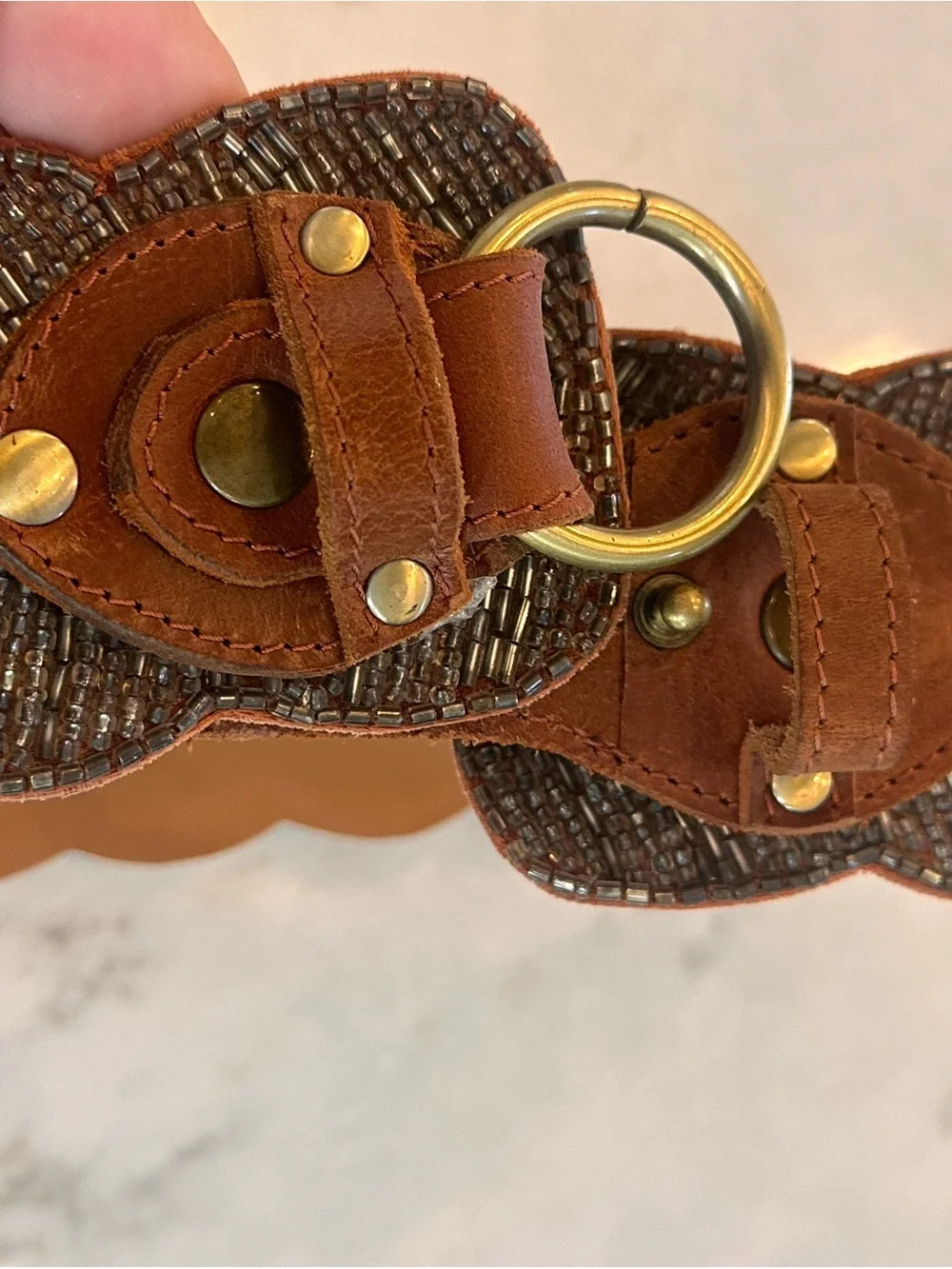 Handcrafted Brown Beaded Leather Waist Belt